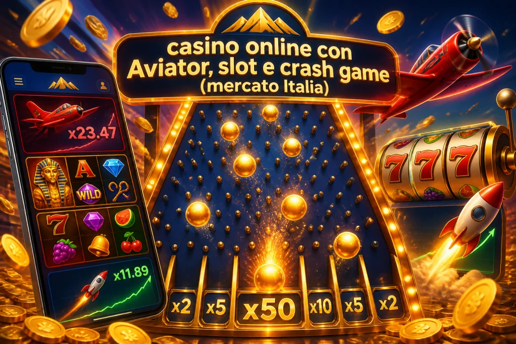 Piramide di pin del gioco Plinko con palline che cadono nelle caselle dorate dei moltiplicatori, vista mobile di Alpino Casino