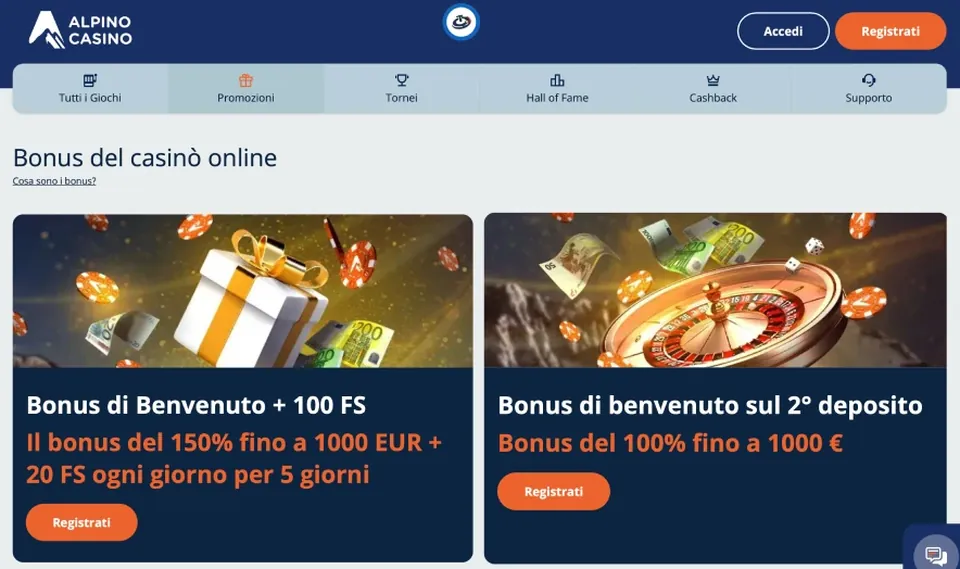 Pagina promozioni di Alpino Casino con le due offerte di benvenuto