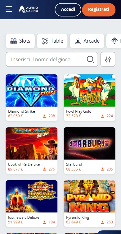 Versione mobile di Alpino Casino con pulsanti Accedi e Registrati e galleria giochi